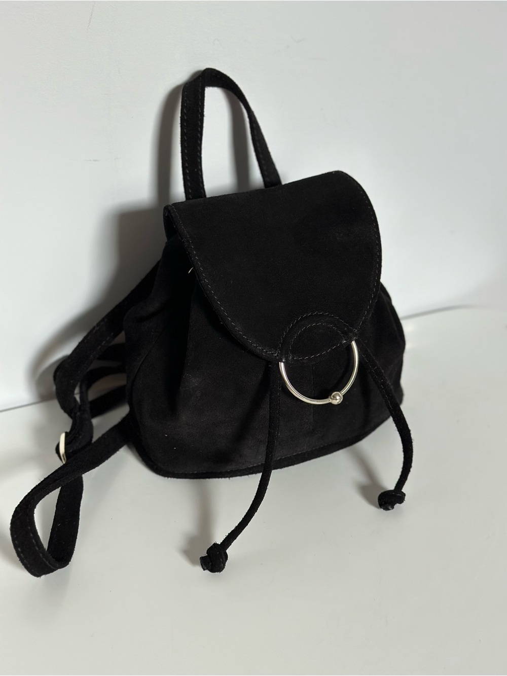Black Suede Mini Backpack Drawstring Leather Bag Silver Hardware - Picture 12 of 17